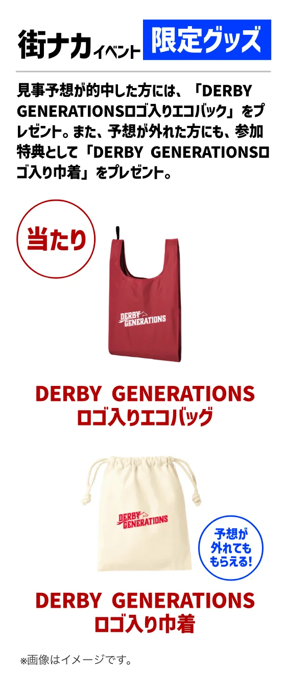 街ナカイベント限定グッズ。見事予想が的中した方には、「DERBY GENERATIONSロゴ入りエコバック」をプレゼント。また、予想が外れた方にも、参加特典として「DERBY GENERATIONSロゴ入り巾着」をプレゼント。当たり。DERBY GENERATIONS オリジナルエコバッグ（赤）。予想が外れてももらえる！DERBY GENERATIONSオリジナル巾着 ※画像はイメージです。