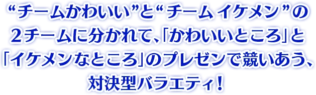 チームかわいい” と “チームイケメン”の2チームに分かれて、「かわいいところ」と「イケメンなところ」のプレゼンで競いあう、対決型バラエティ!