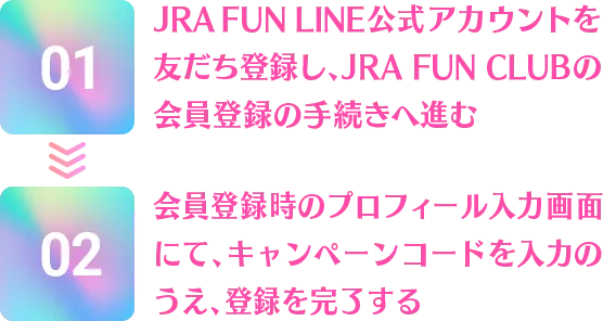 ①JRA FUN LINE公式アカウントを友だち登録し、JRA FUN CLUBの会員登録の手続きへ進む ②会員登録時のプロフィール入力画面にて、キャンペーンコードを入力のうえ、登録を完了する