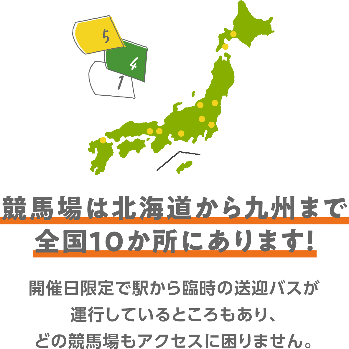 競馬場は北海道から九州まで全国10か所にあります！開催日限定で駅から臨時の送迎バスが運行しているところもあり、どの競馬場もアクセスに困りません。